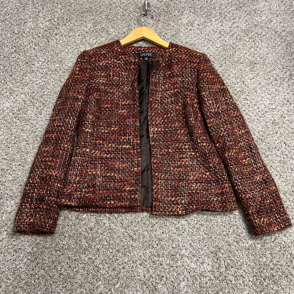Kasper Womens 4 Tweed Blazer Jacket Burgundy Orange Open Front Collarless